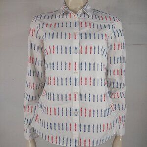 Boden white red blue Big Ben Clock Tower button front shirt ladies size 4